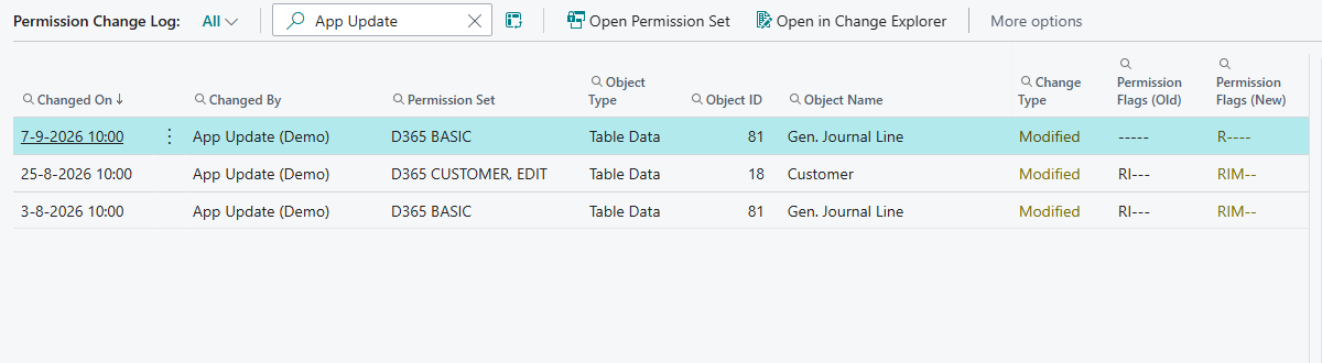 The Change Explorer filtered on Changed By App Update, showing the permissions before and after