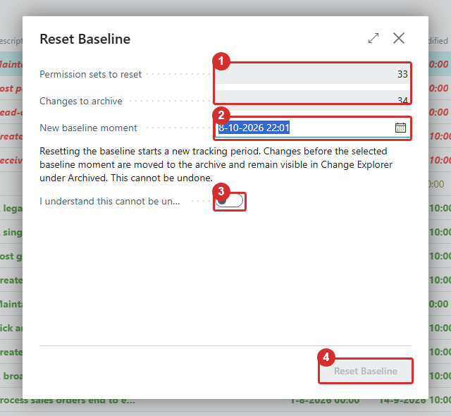 The Reset Baseline wizard: counts of sets and changes, the new baseline moment, the confirmation switch and the Reset Baseline button