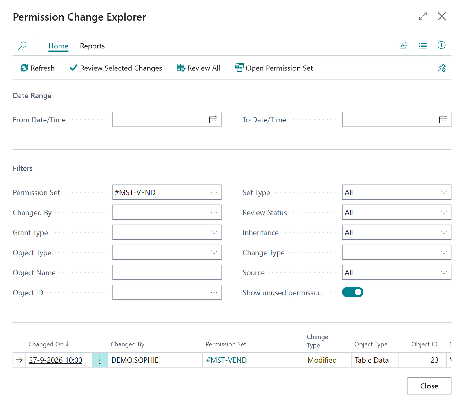 The Permission Change Explorer with its filters