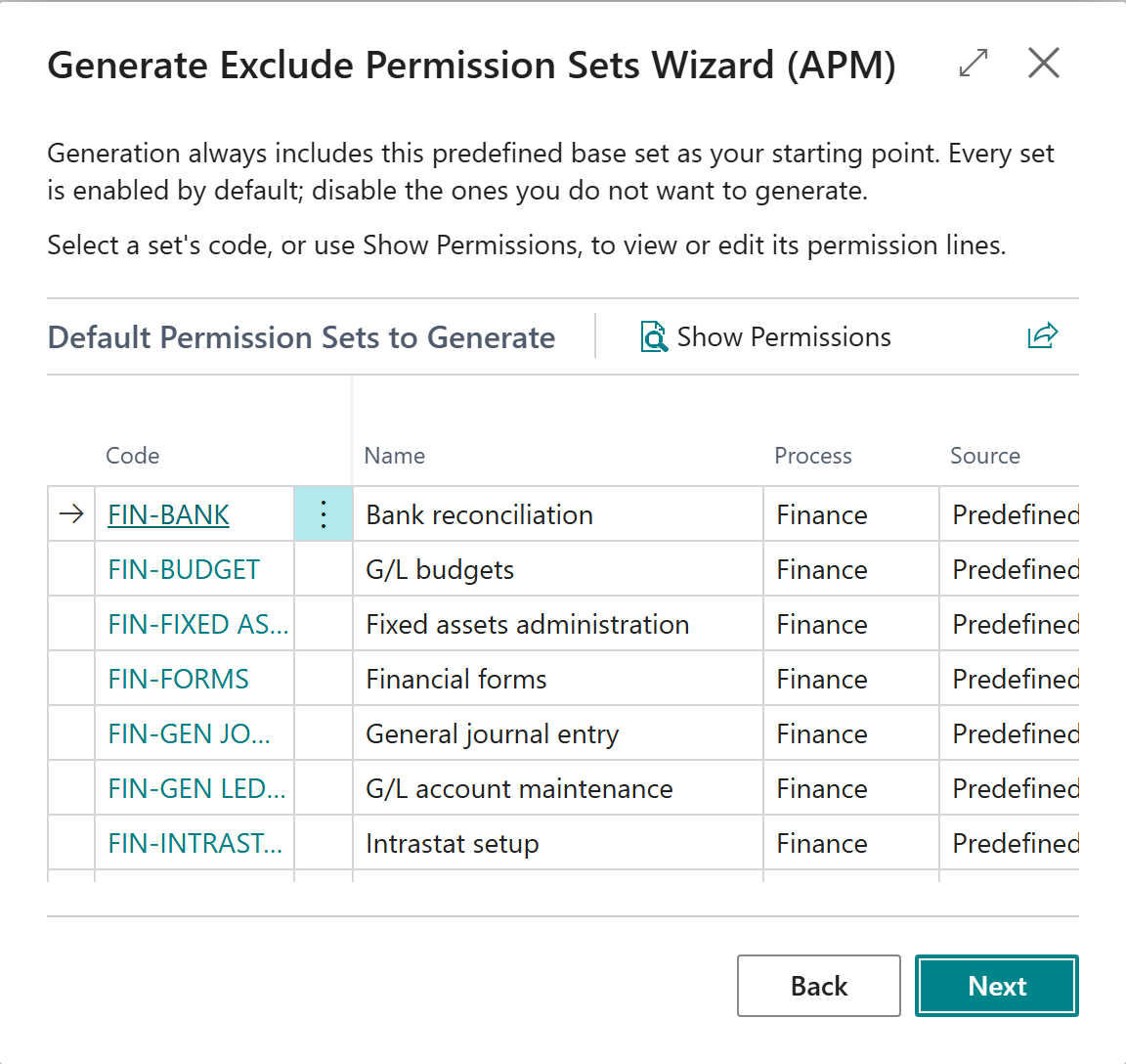 Choosing which predefined permission sets to generate
