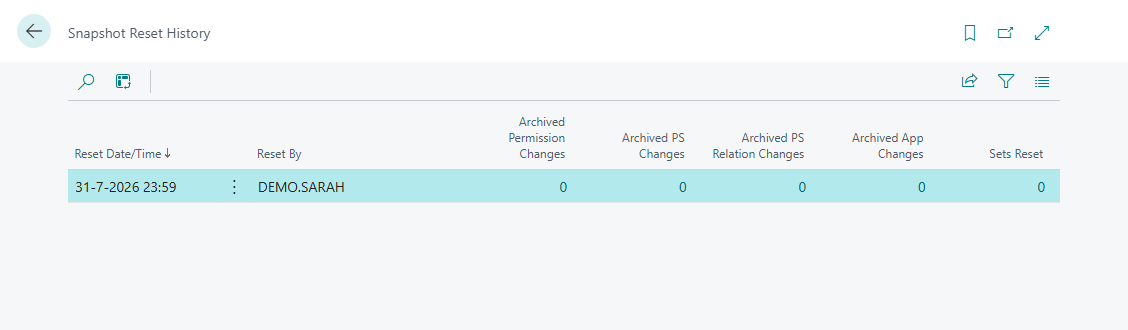 The reset history list with one reset and its archive counts