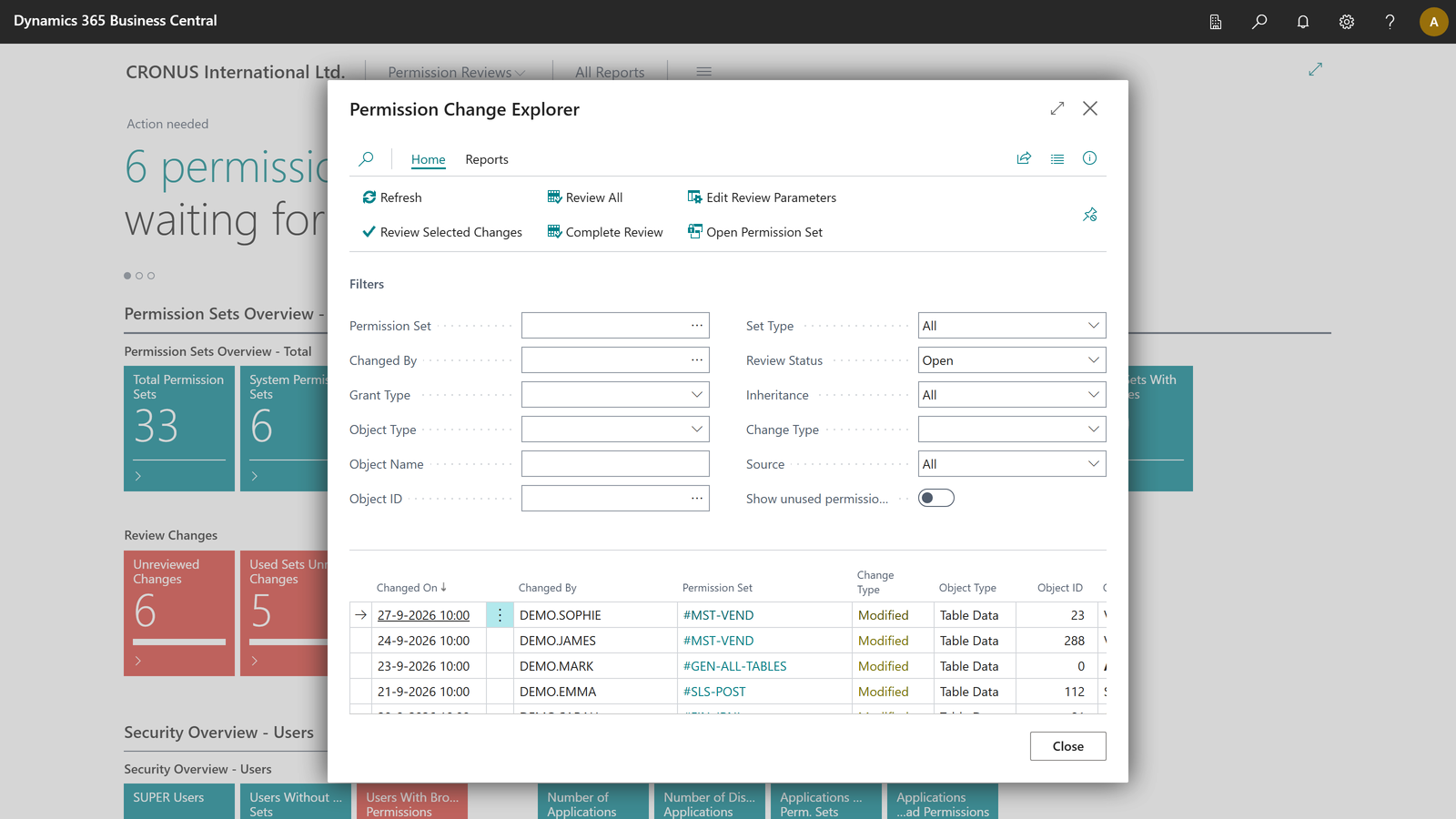 The Change Explorer inside a review, with the review actions