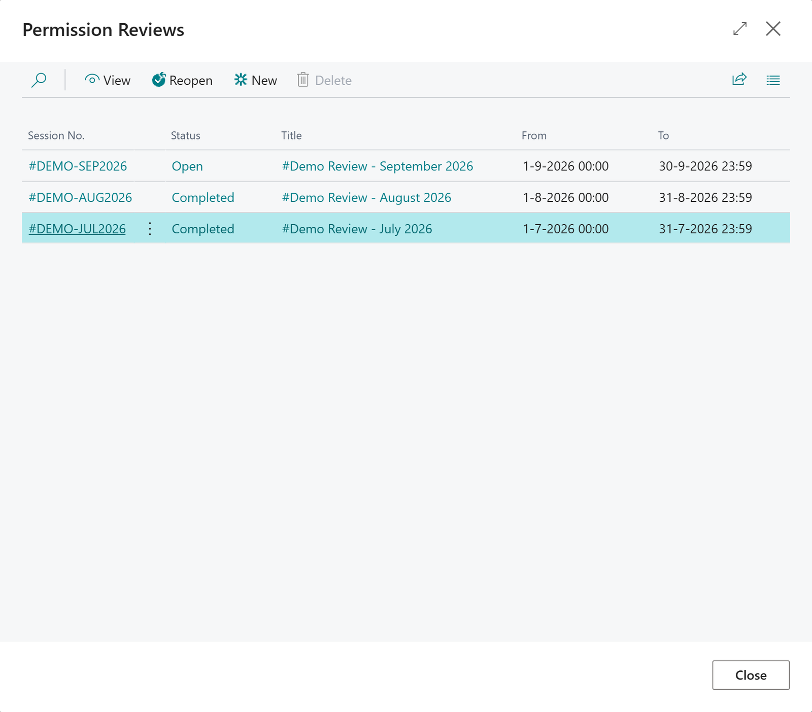 The Permission Reviews list with open and completed reviews