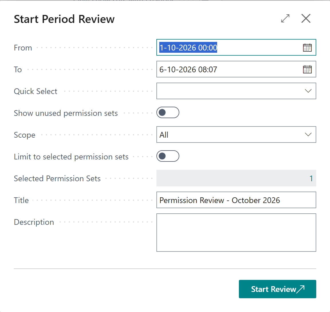 The Start Period Review dialog
