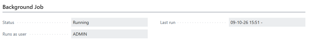 The fast tab Background Job on the Advanced Permissions Management Setup page: status Running, runs as user ADMIN and the time of the last run