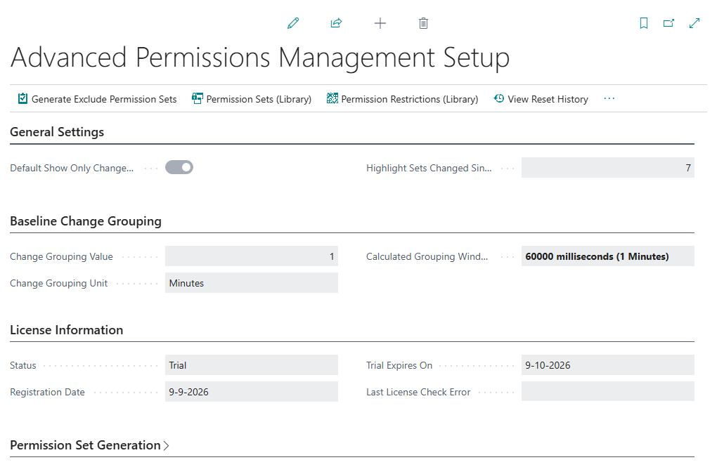 The License Information fast tab with status Trial and the trial end date