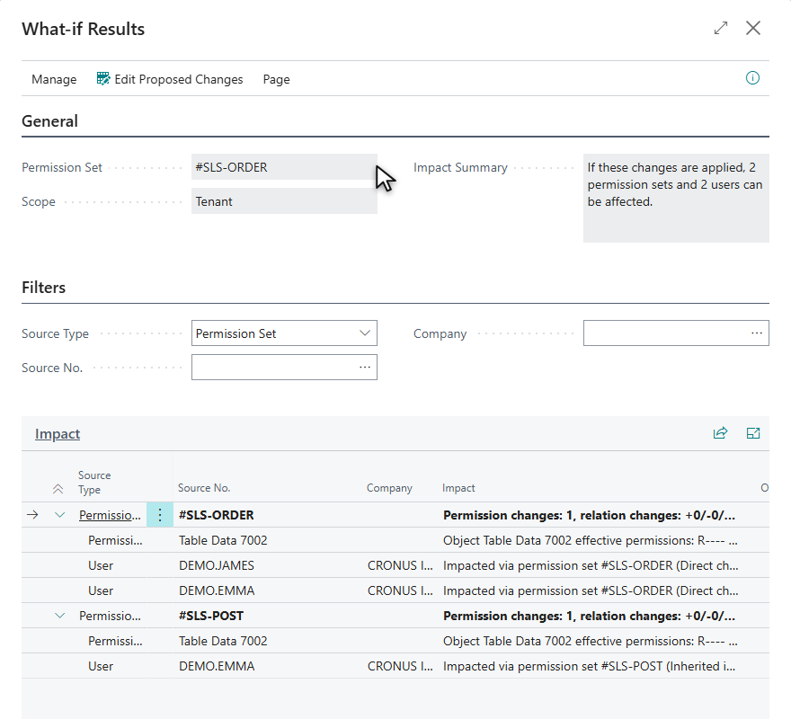 What-if Results with the Impact section expanded: the changed permission set, the object whose effective permissions change and the users that are affected through it