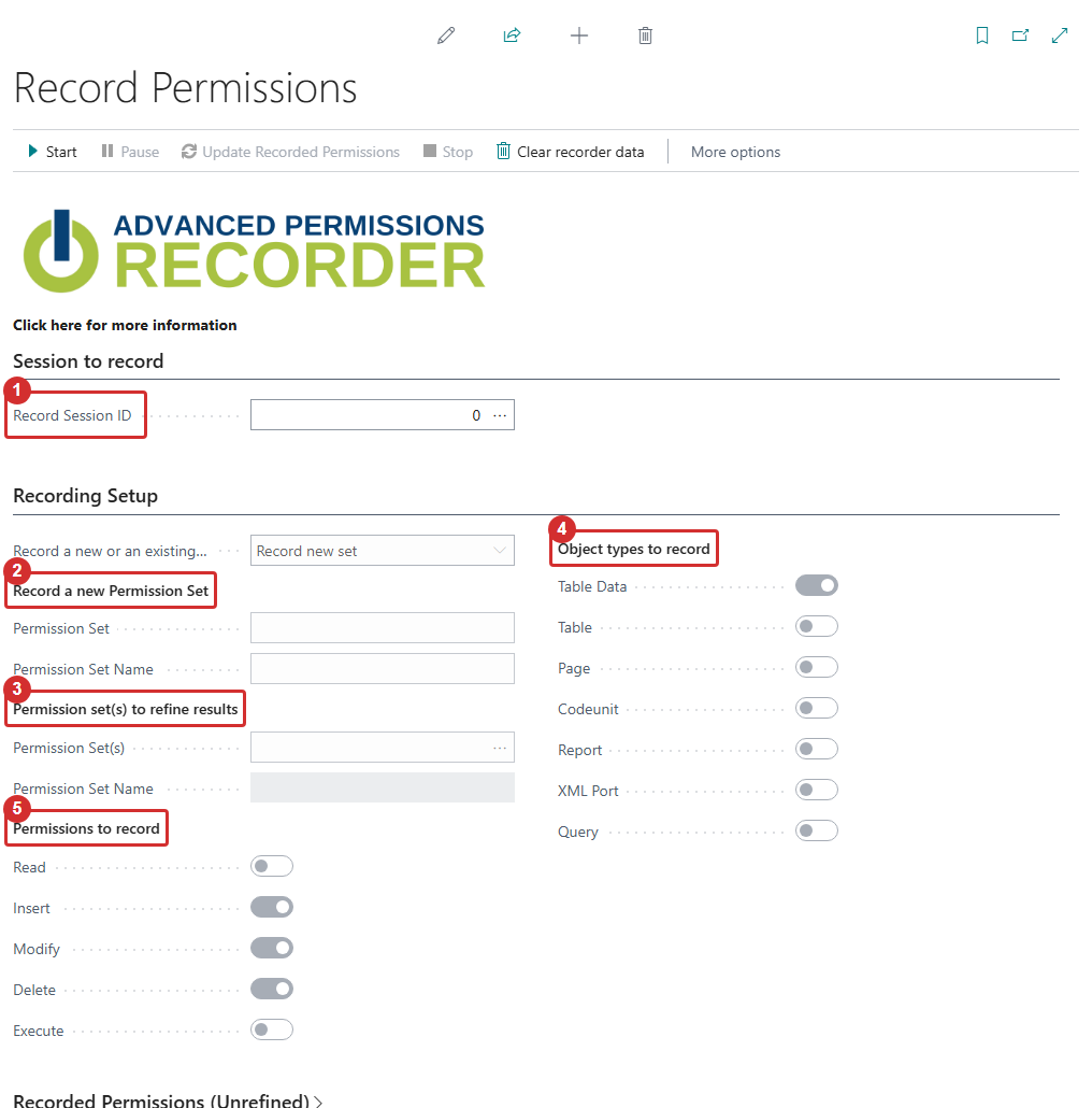 The Record Permissions page with its five sections numbered: session, recording setup, refine, permissions and object types, actions