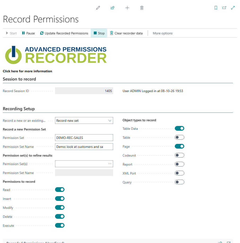 Record Permissions page while a recording runs