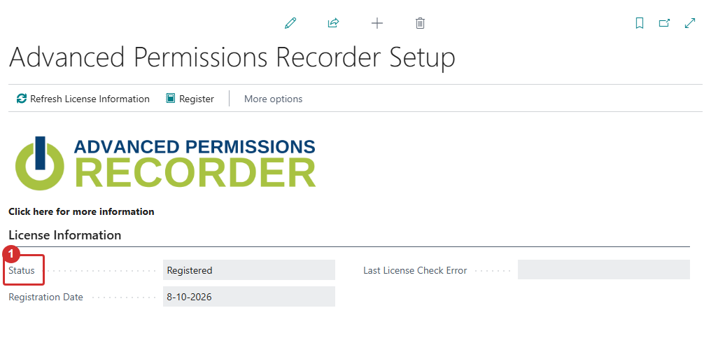 The Advanced Permissions Recorder Setup page with the License Information fast tab