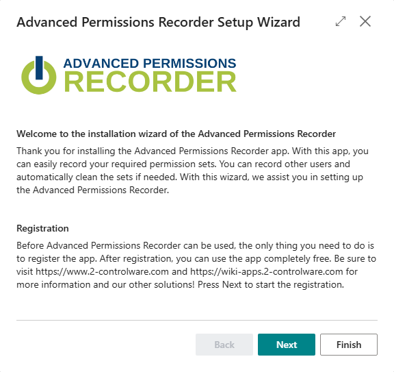 Wizard step Welcome of the Advanced Permissions Recorder Setup Wizard