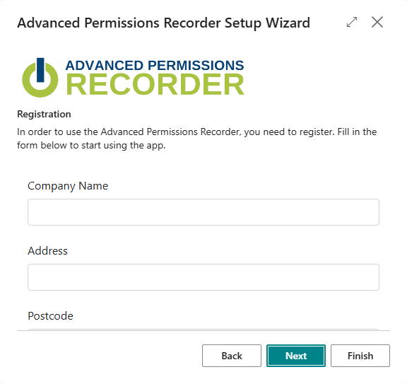 Wizard step Registration with the registration form: company name, address, postcode and more