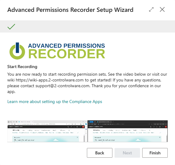 Wizard step Start Recording after a successful registration, with a green check mark