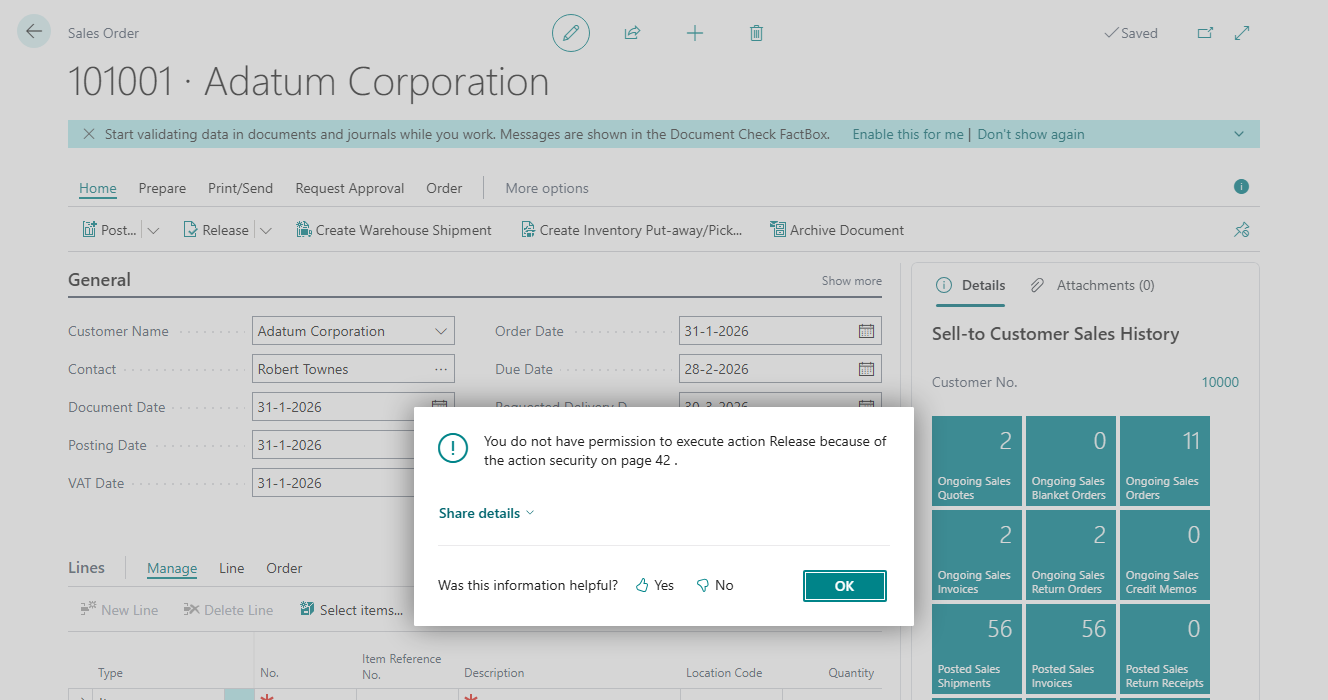 Sales order card with the message that the Release action is blocked by Action Security on page 42