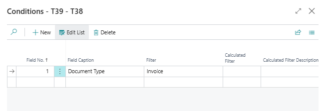A condition on a table relation that filters the Document Type on Invoice