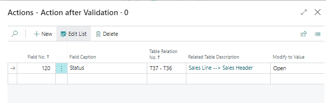 The action after validation that sets the sales header status back to Open