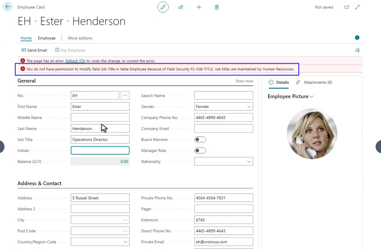 The error message when changing the Job Title