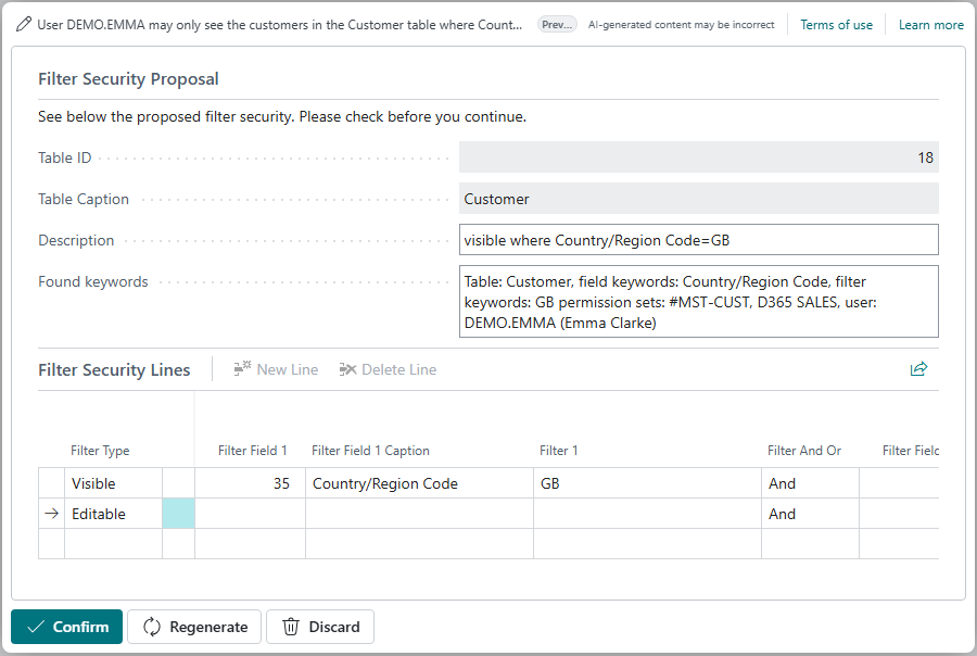 The Filter Security Proposal for the request: user DEMO.EMMA may only see the customers where Country/Region Code is GB