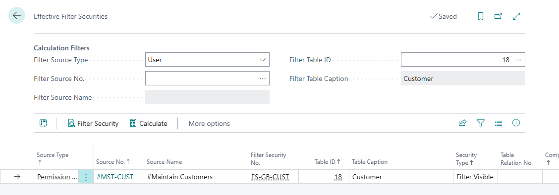 Effective Filter Securities for the Customer table: the permission set that is linked to the Filter Security, with the filter type Visible