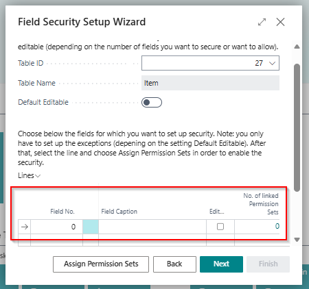 Choose fields in the wizard lines