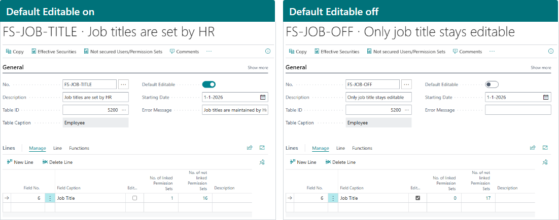 Two Field Security headers side by side, one with Default Editable on and one with Default Editable off, each with one line