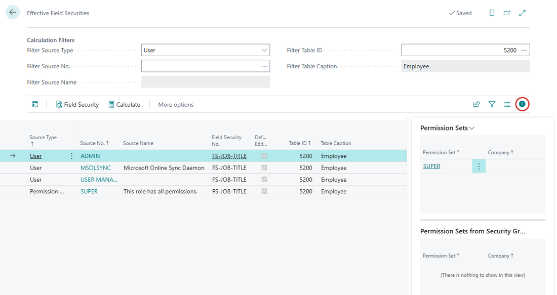 Effective Field Securities after Calculate with the FactBox pane open and the information icon circled