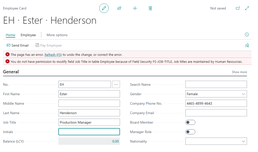 Employee Card with the error message that Job Title cannot be modified because of Field Security