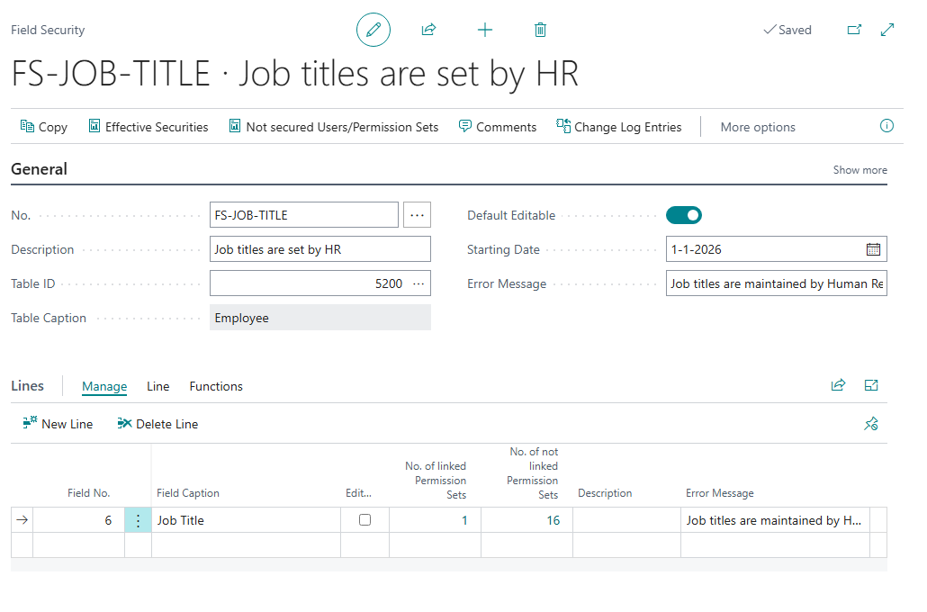 Field Security card with the Job Title line, Editable unchecked and No. of linked Permission Sets 1