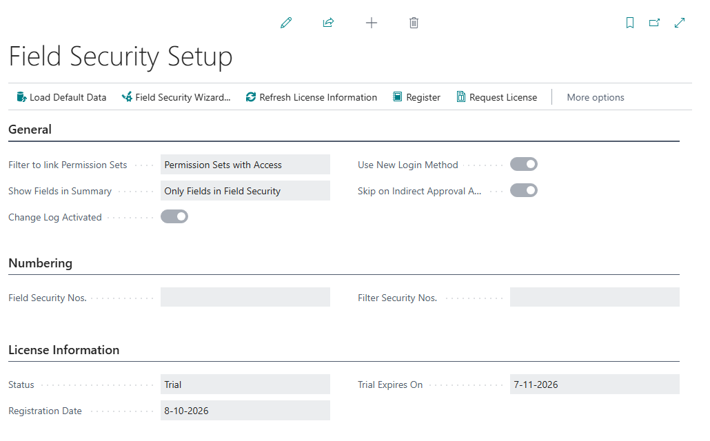License Information on Field Security Setup with Status Trial and the trial end date