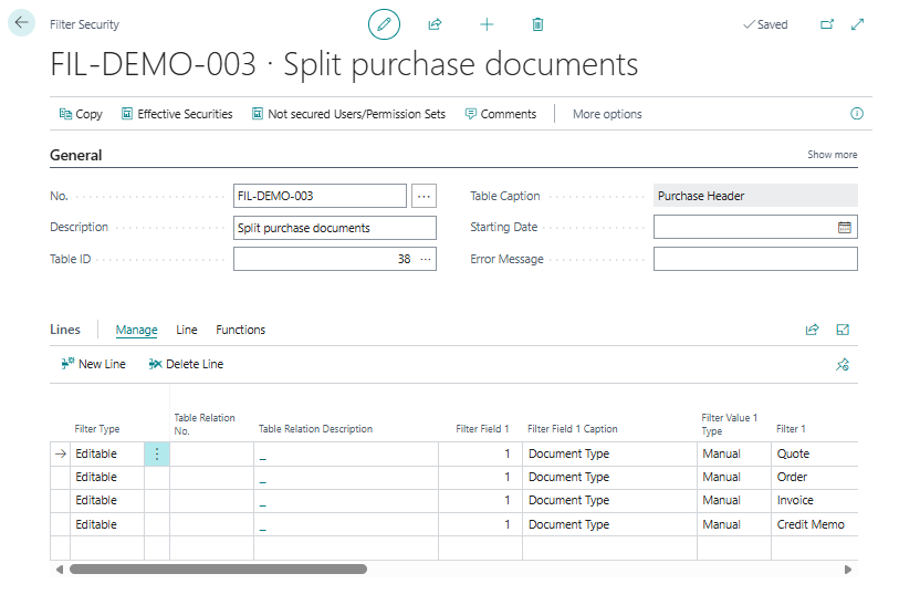Lines that split a table per document type