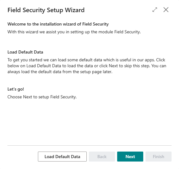 Wizard step Start of the Field Security Setup Wizard, with the button Load Default Data