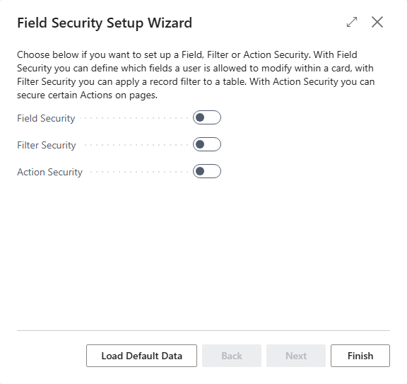 Last wizard step Choose setup: switches for Field Security, Filter Security and Action Security