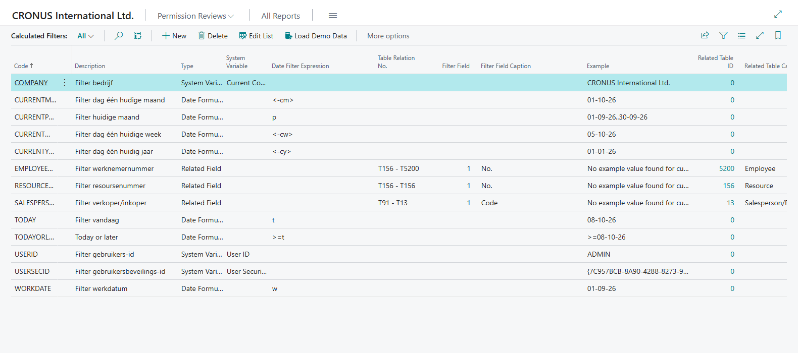 Calculated Filters page with the twelve default codes and the card of CURRENTPERIOD