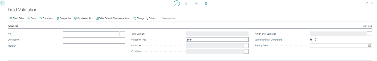 The General FastTab of a new Field Validation