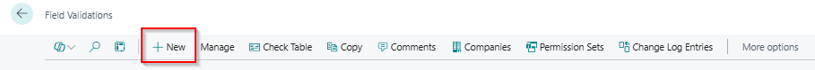 Field Validations list with the New action