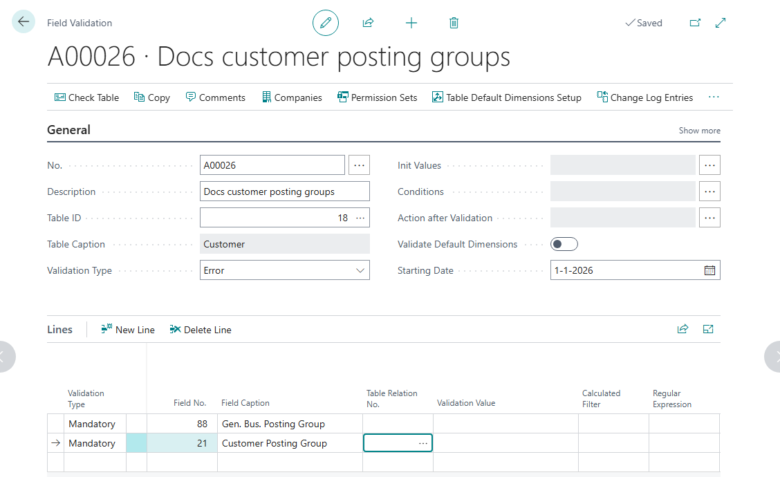 Validation for table 18 Customer with two Mandatory lines: Gen. Bus. Posting Group and Customer Posting Group