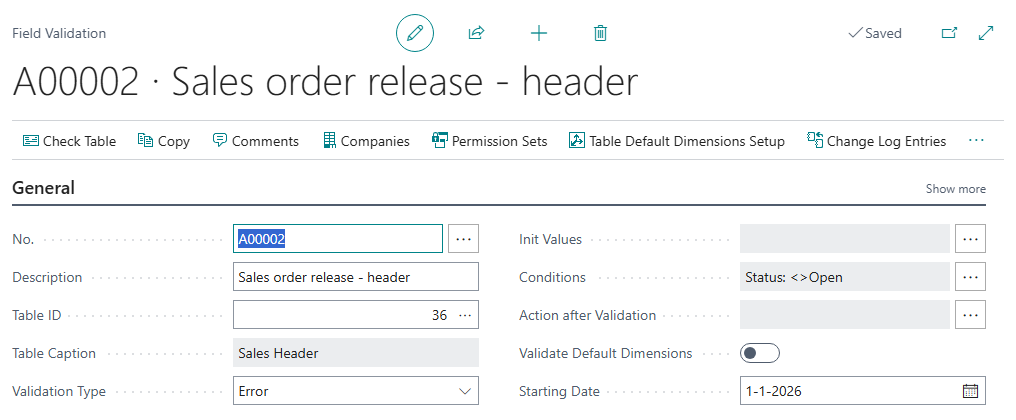 Field Validation card for the table Sales Header with validation type Error and the condition Status not equal to Open