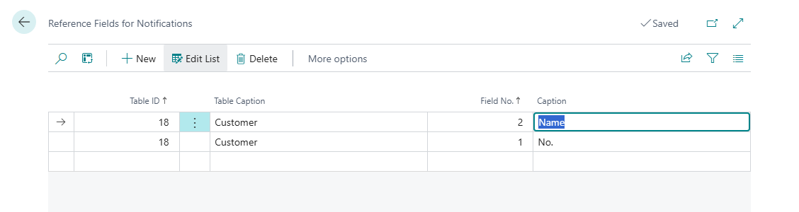 Reference Fields for Notifications with two lines for table 18 Customer: field 1 No. and field 2 Name