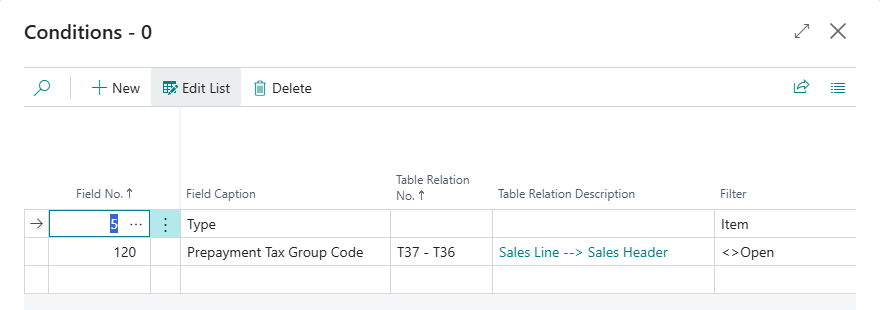 The Conditions dialog of the line validation: Type is Item, and a condition on the related table Sales Header with the relation T37 - T36