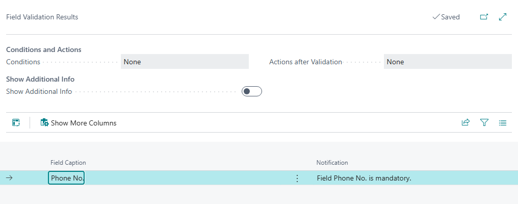 Field Validation Results page with one finding for Phone No.: Field Phone No. is mandatory