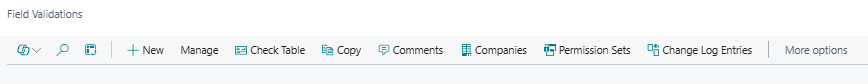 Actions in the top bar of the Field Validations list