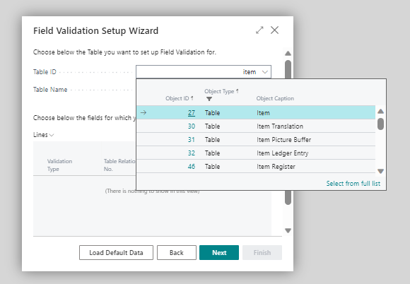 FV wizard table