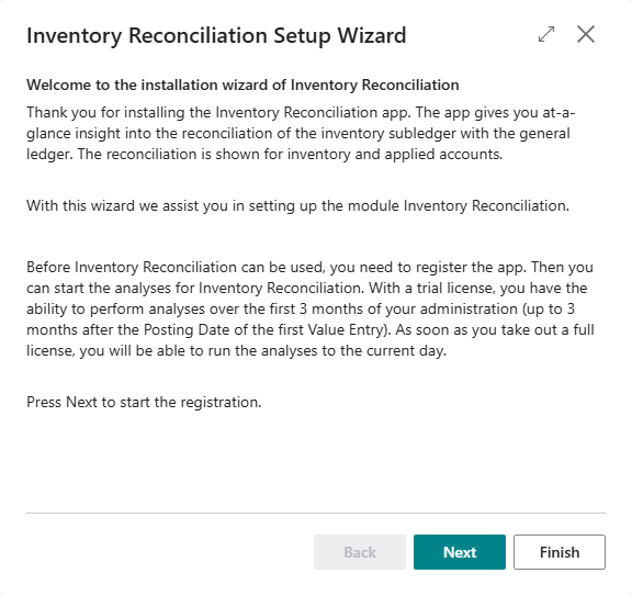 Welcome page of the Inventory Reconciliation setup wizard