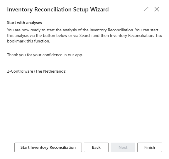 Last wizard page with the Start Inventory Reconciliation button