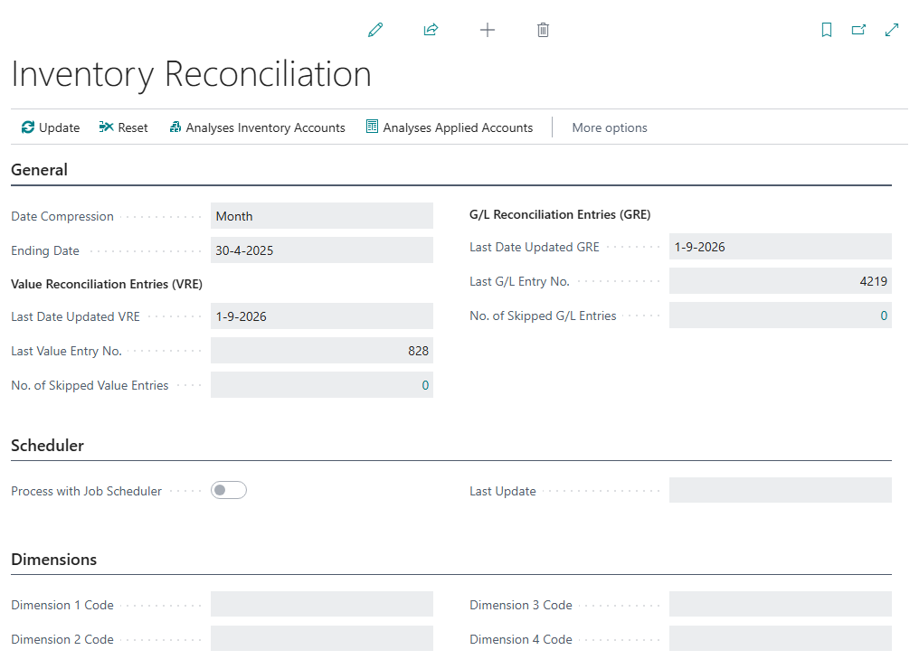 Inventory Reconciliation page with the ribbon actions Update, Reset, Updates and Analyses and the FastTabs Date Compression, Scheduler and Dimensions
